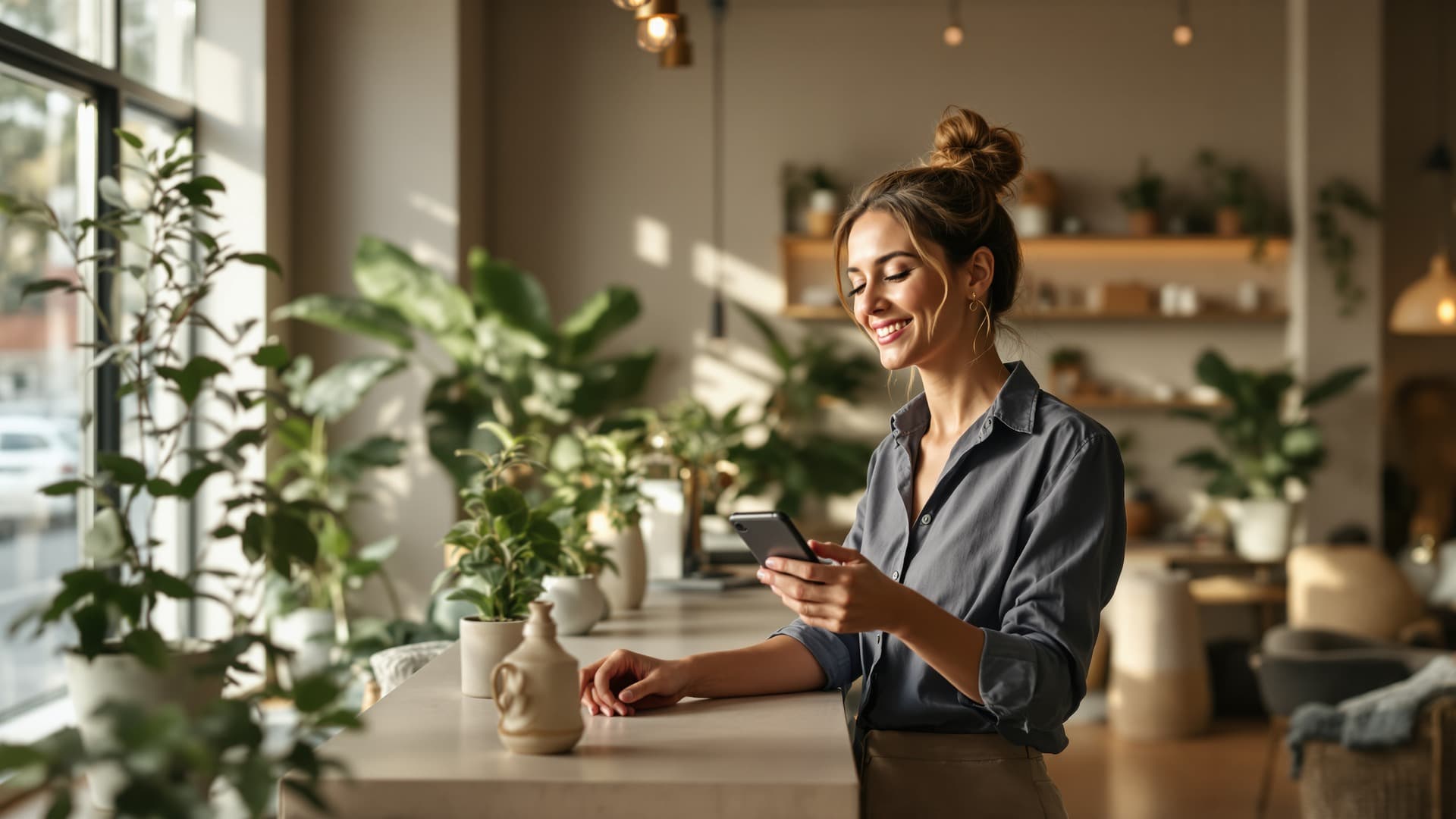 Small-business owner confidently managing their salon while automated messaging handles customer enquiries