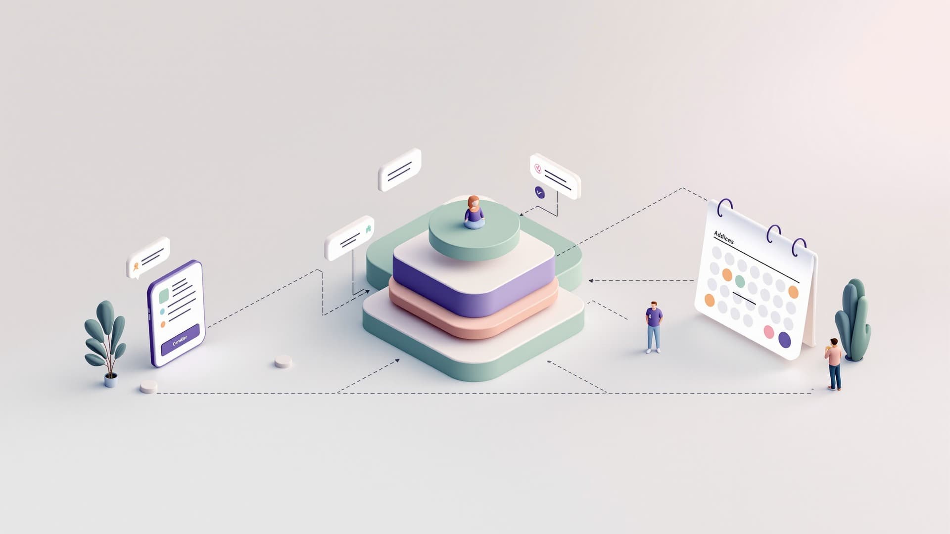 Illustration showing messaging channels connecting through automated workflows to a business calendar